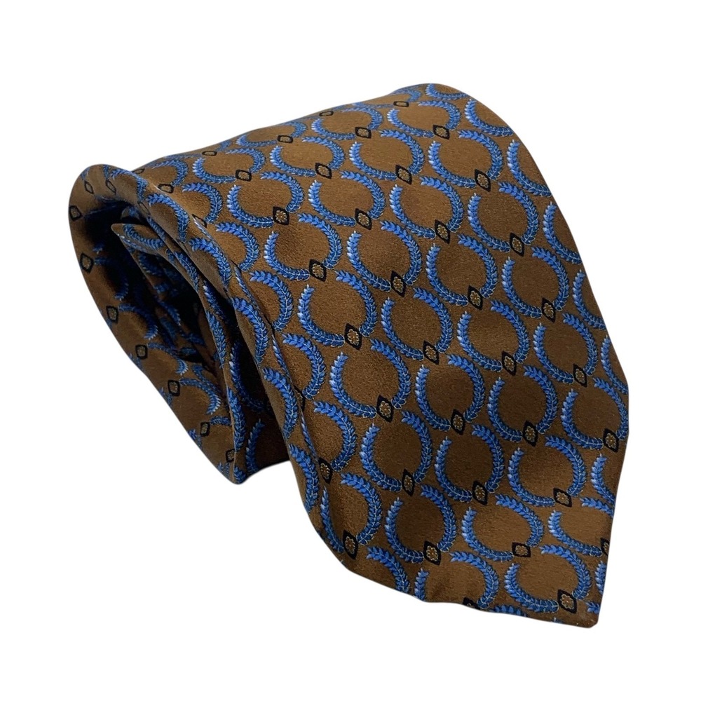 Brioni Men's Handmade Silk Tie Brown Blue Circle Leaf‎ Design Designer Necktie